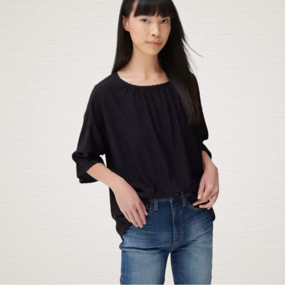 Lucky Brand | ¾ Sleeve Jewel Neck Dot Jacquard Top in Black, Large